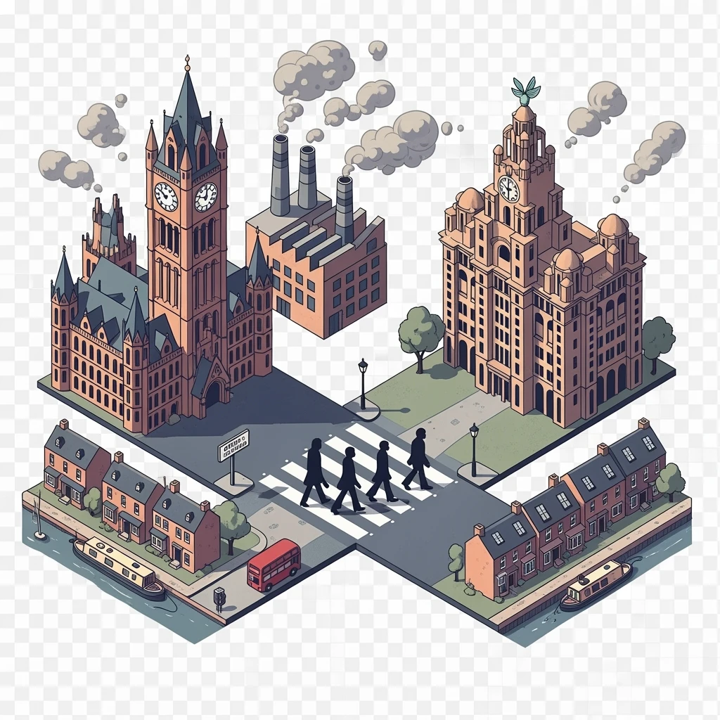 Isometric illustration of Manchester and Liverpool combined, featuring Beatles references (Abbey Road sign), Manchester Town Hall, toy-style factories, muted pastel tones, balanced between stylized painting and realistic,  transparent background emoji