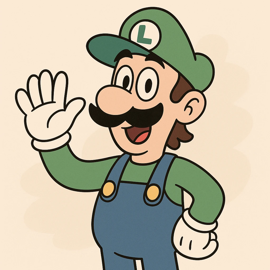 Luigi from Mario & Luigi, waving, green cap with L, blue overalls, white gloves, mustache, cartoon style emoji