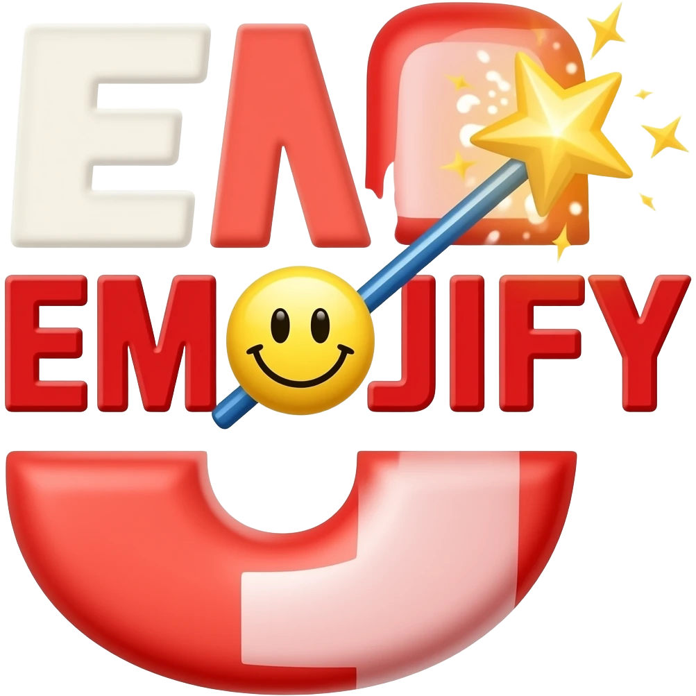 Big red text "EMOJIFY" is stretched in height and width. Letter "O" is a smiley face. Letter "J" in the form of a magic wand with sparkles a on the end. emoji