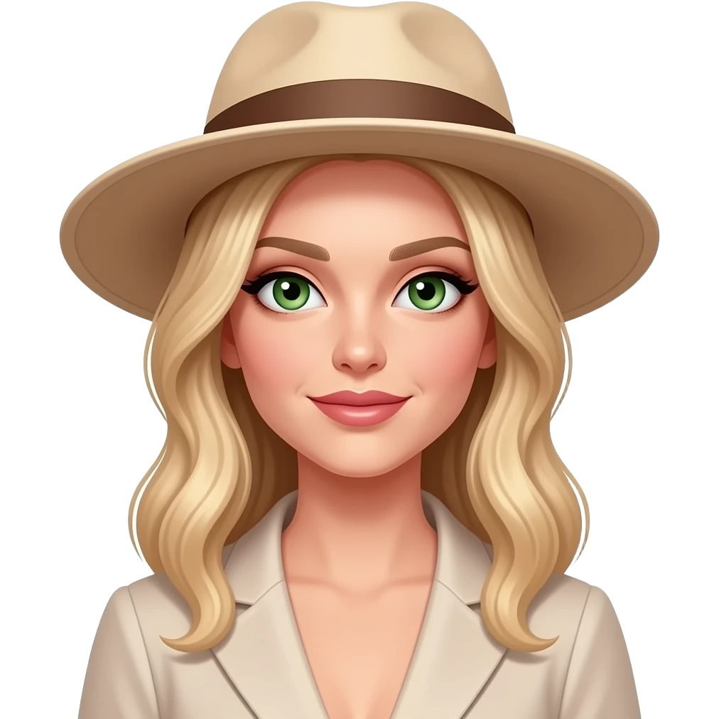 Hat tip sophisticated female blond not in man clothes green-hazel eyes emoji