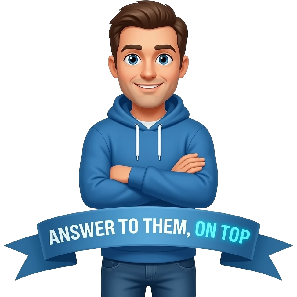 A 3D emoji-style illustration of a friendly man in casual clothes (blue hoodie and jeans), standing with arms crossed and looking directly at the viewer with a naughty face. Text in banner: 'ANSWER TO THEM, ON TOP' white text, while the name 'ON TOP' is rendered in a vibrant, glowing sky blue color. emoji