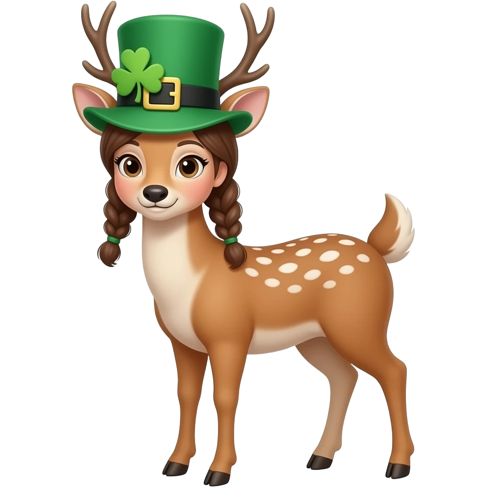 Female Deer with leprechaun shamrock hat on emoji