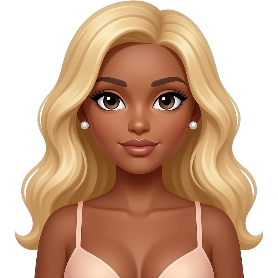 Dark brown skin, long blonde wavy hair, pearl earrings studs, long lashes, doll eyes, big breast, no bra, black eyes emoji