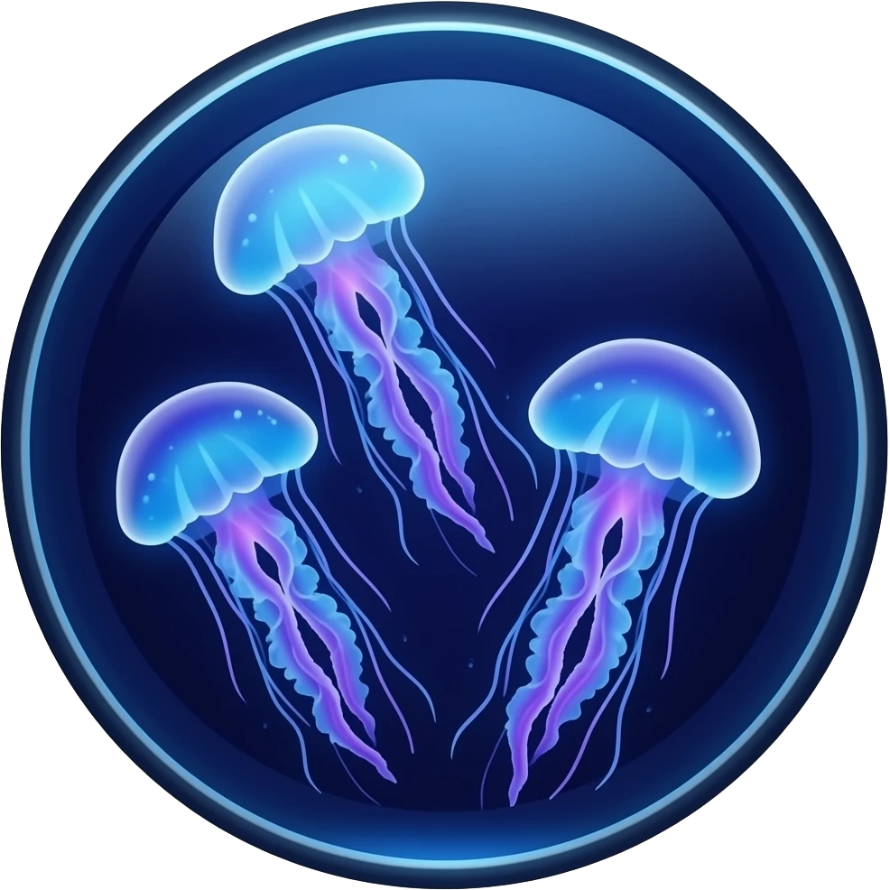 Big three jellyfish in a flat round aquarium swimming blue and purple light (dark water) emoji