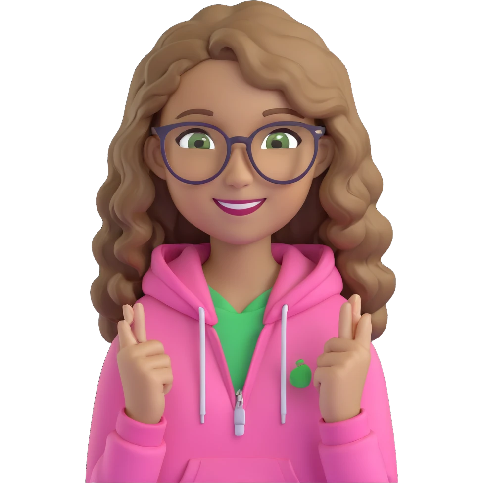 girl with dark blonde wavy hair, green eyes, pink hoodie, brown glasses, smiling emoji