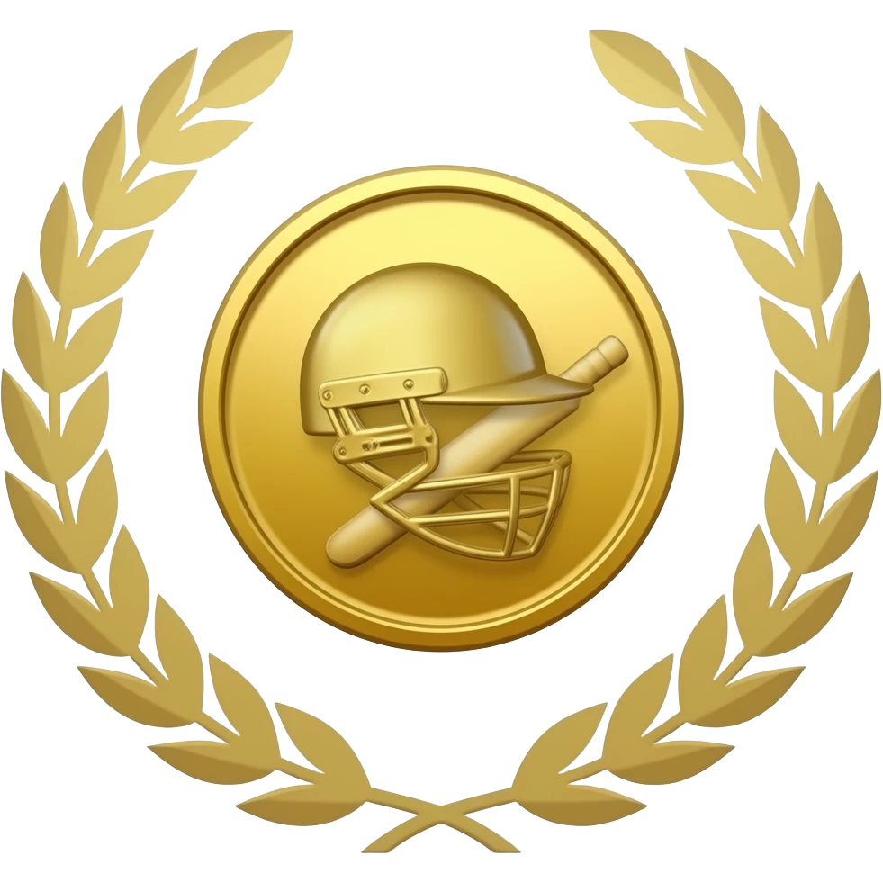 gold coin with head of a cricket batter in helmet in center and thin laurel emoji