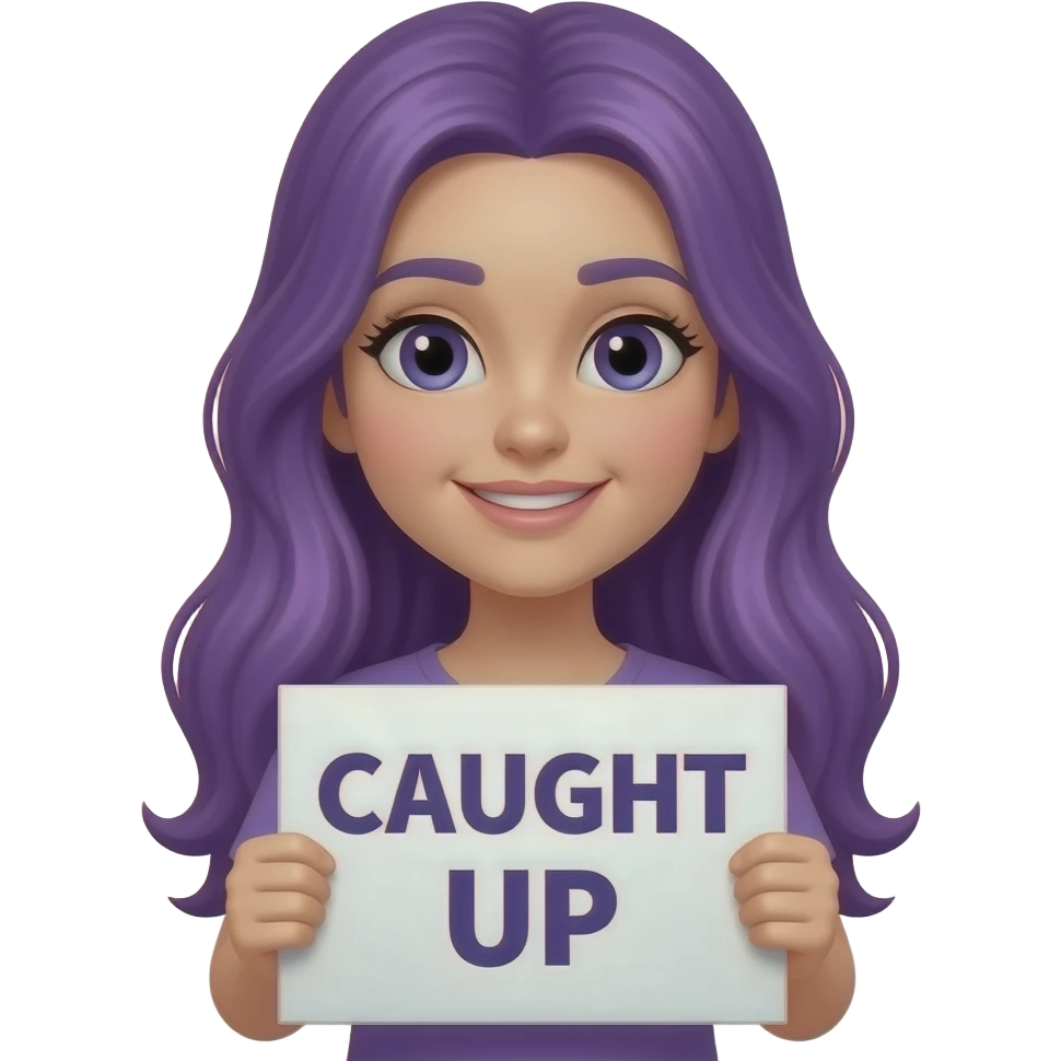 girl with long purple hair holding a CAUGHT UP sign emoji
