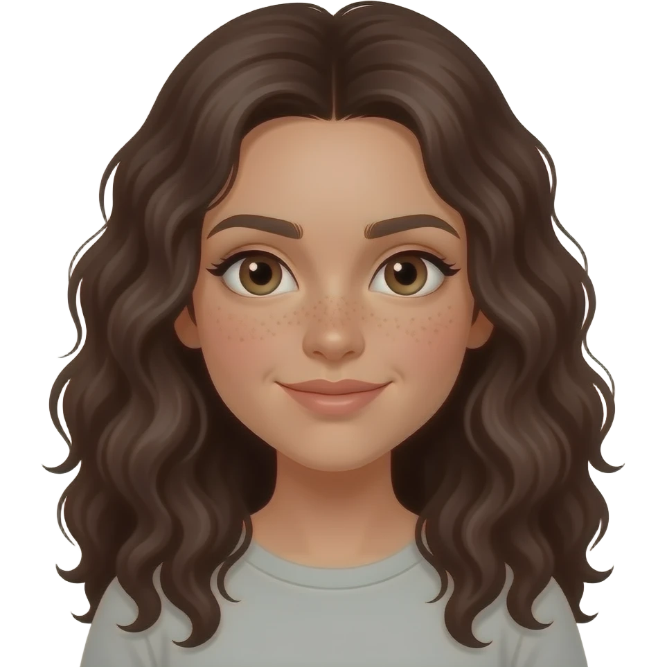 chica un poco morena de piel con pelo rizado largo oscuro y un poco de pecas en la nariz emoji