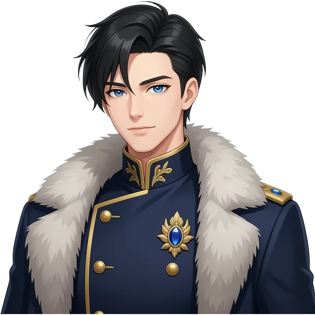 handsome tall muscular anime duke,jet black side-slicked hair,loose front strand,piercing oceanblue eyes,pale skin,sharp features,broad shoulders,defined collarbones,wearing dark navy high-collared uniform with gold embroidery,gold epaulette with blue gemstone brooch,fur-collar coat emoji