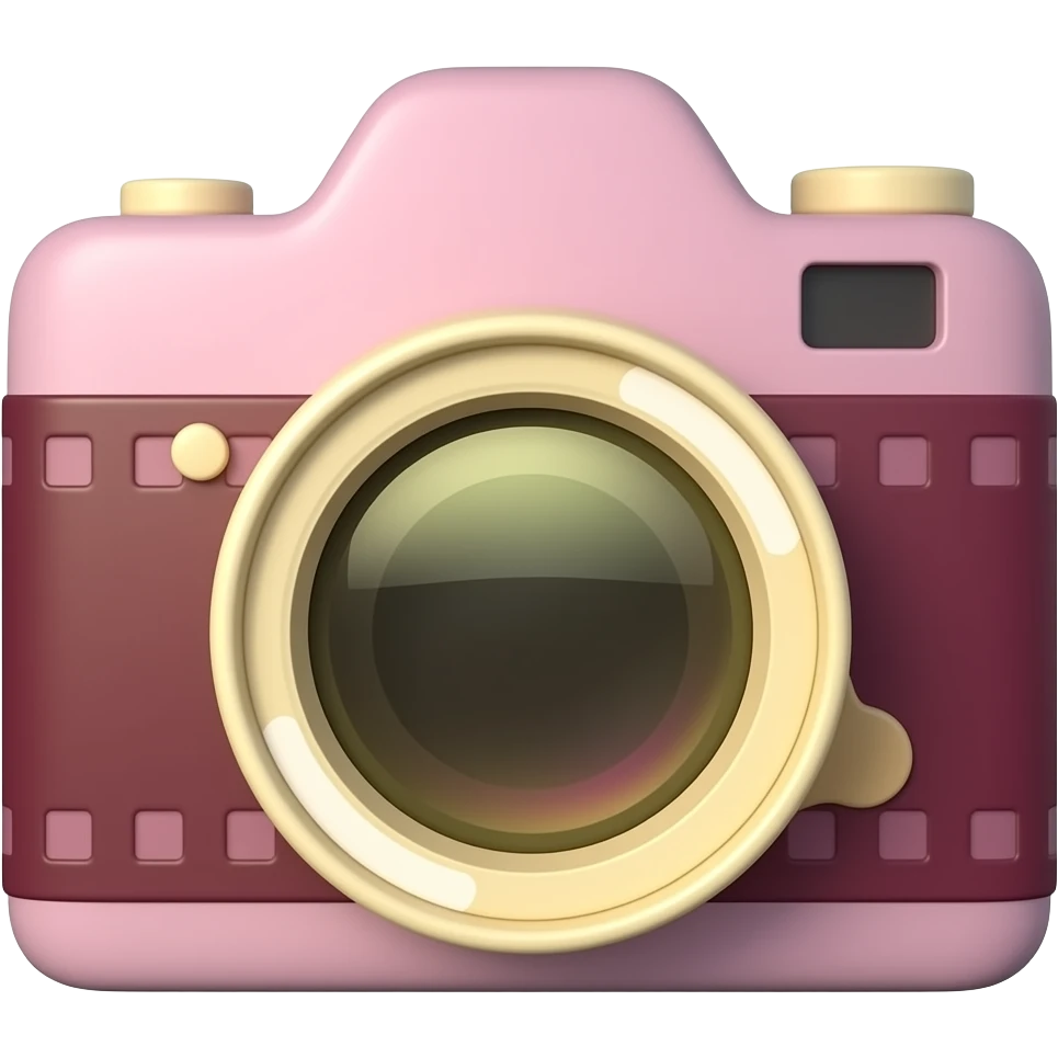 Glossy 3D rendered film camera emoji, straight on front-facing view, detailed with distinct lens barrel and film reels, slightly rounded edges, bold vivid #B4018C magenta-berry body, bold vivid #FFF200 bright yellow lens and accents, soft shading, white background emoji