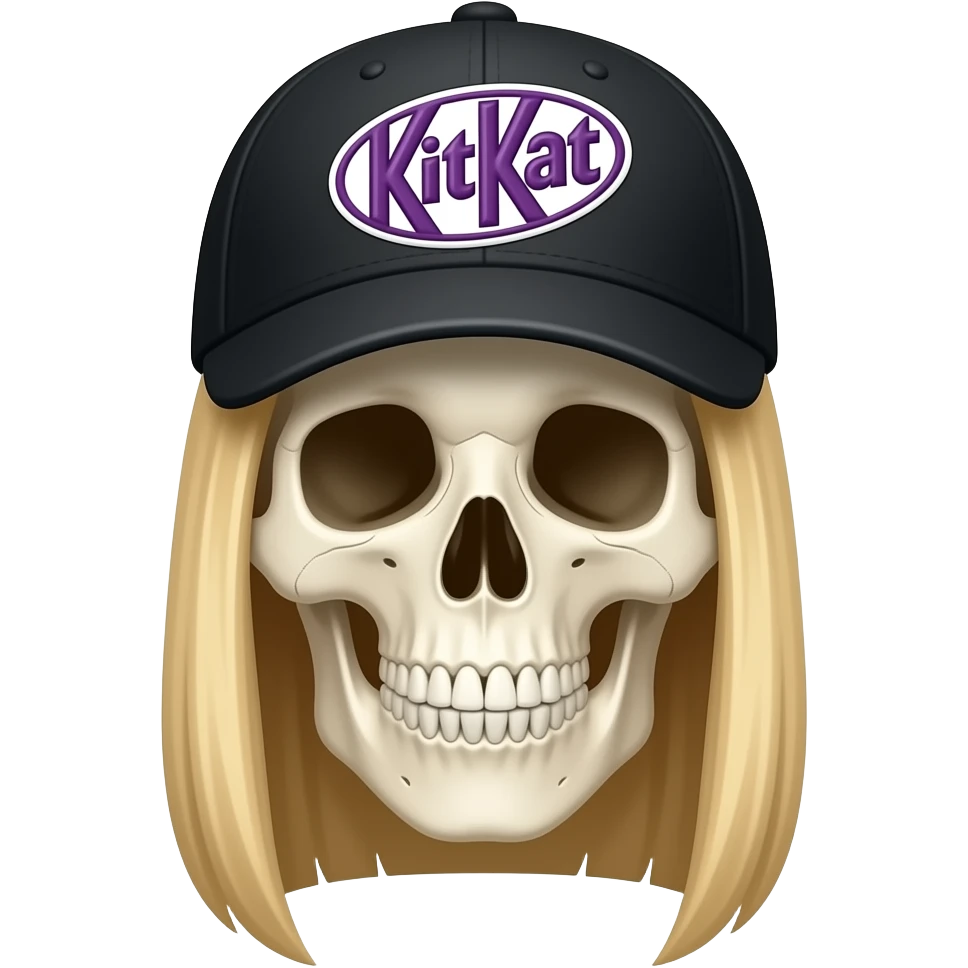 A skeleton head wearing a black baseball cap that says "KitKat" in purple lettering, white bordering, with long straight blonde hair emoji