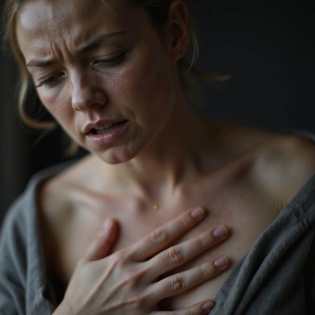 close-up hyperrealistic woman with intestinal disorders, tense and suffering face, hand pressing on abdomen, realistic details, 4K quality, neutral background emoji