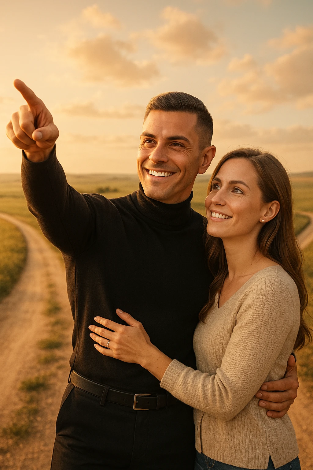 a couple stands at a crossroads, the man pointing confidently toward a direction while the woman looks at him with trust and optimism. Both are illuminated by soft, uplifting light, representing faith in each other’s strengths and the positive outcomes of working together. emoji