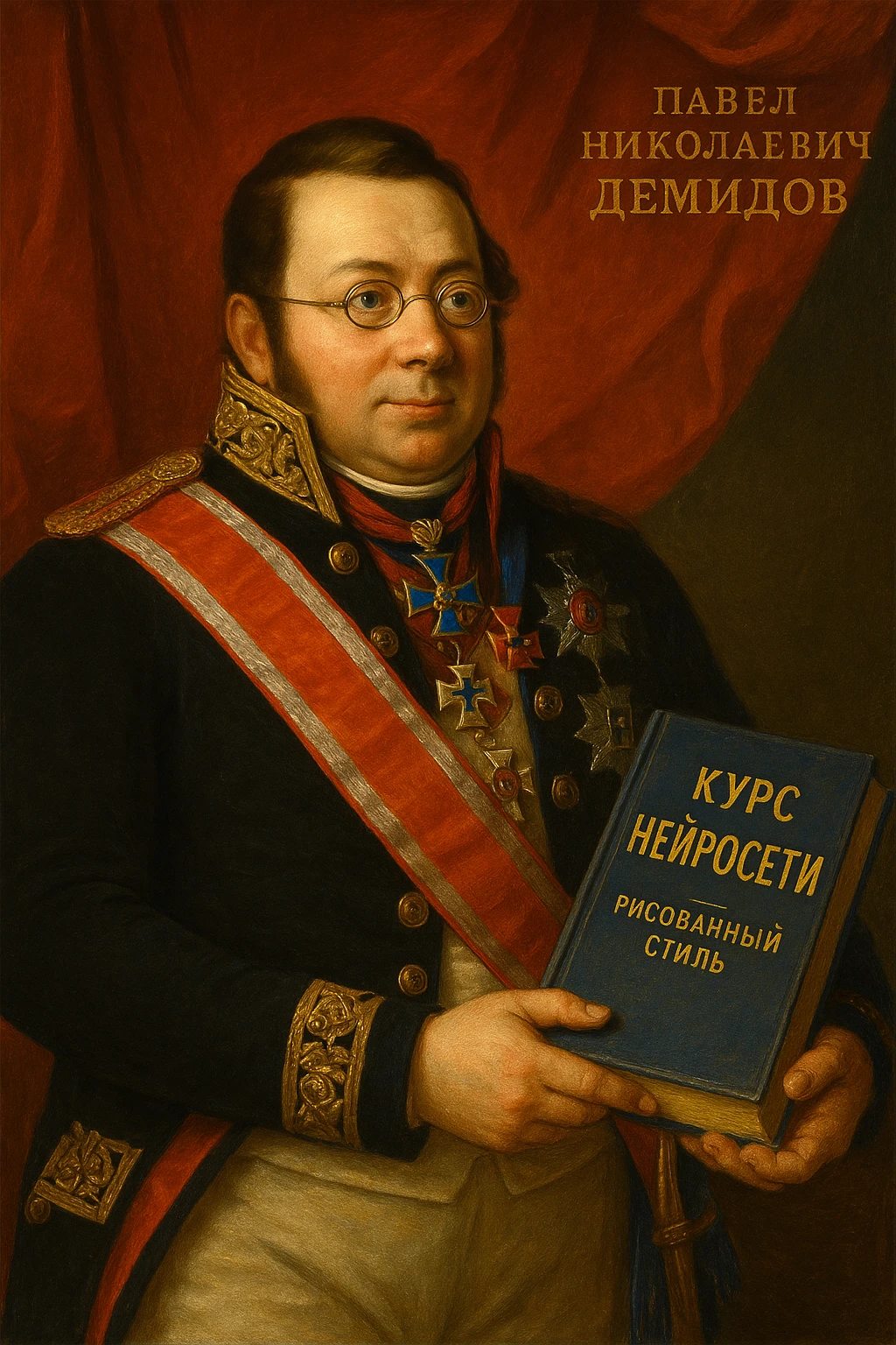 Павел Николаевич Демидов держит в руках книгу на которой написано Курс Нейросети рисованный стиль emoji