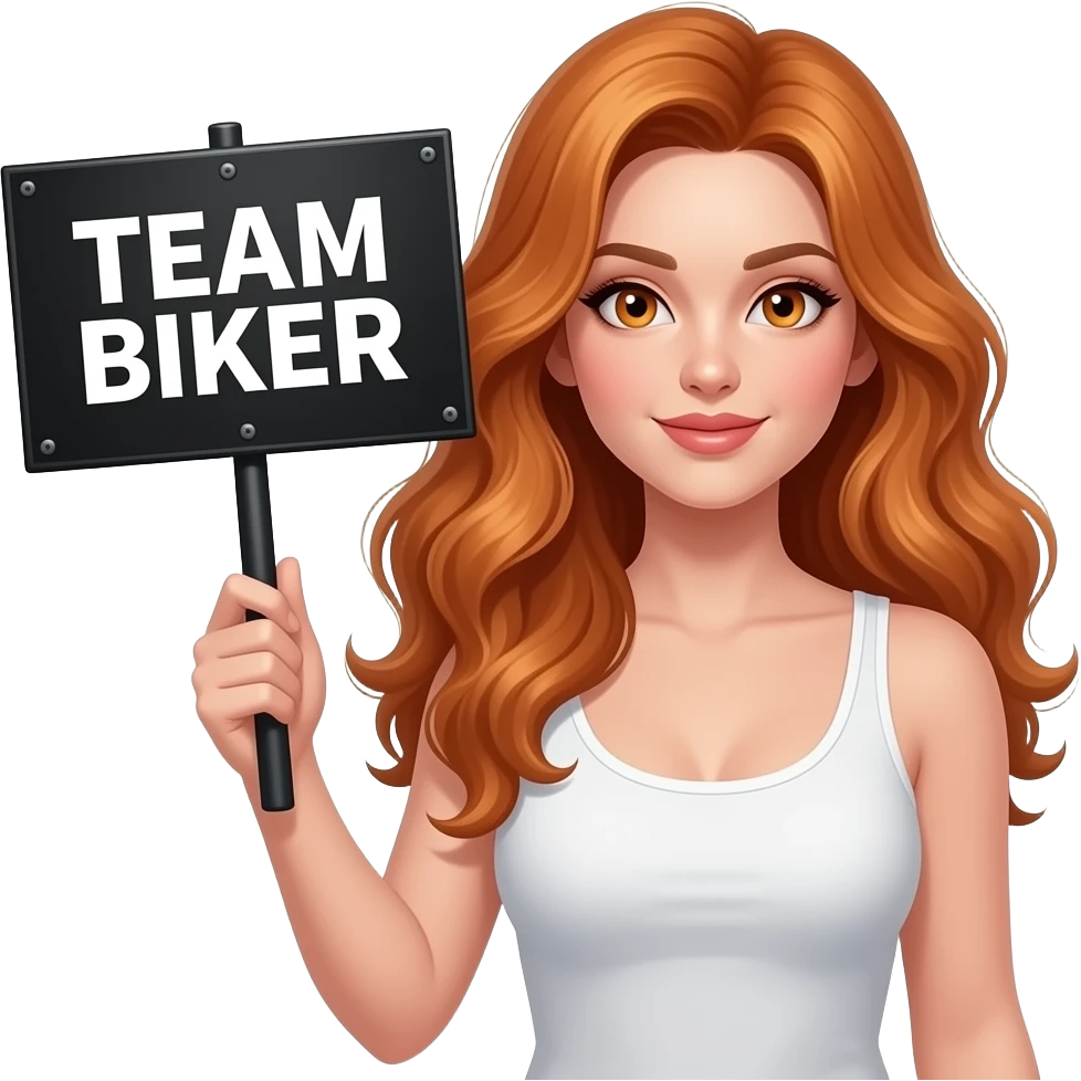 sexy girl with long wavy ginger hair and ginger eyes wearing a white tanktop is holding a black colored sign with TEAM BIKER written on it emoji