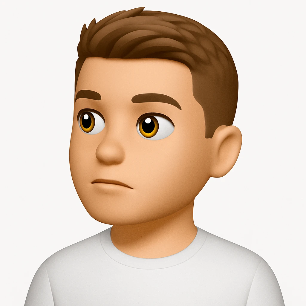 Based on these photos, make an emoji with facial features preserved, a man in a white T-shirt, looking into the distance emoji