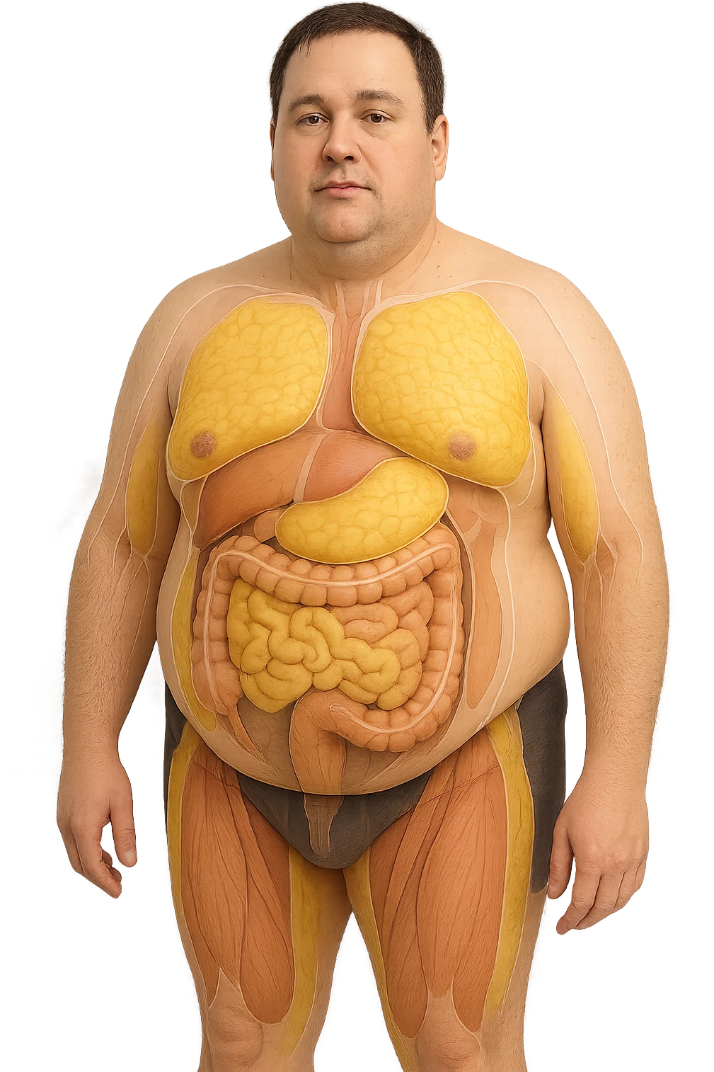 an adult man with a visibly overweight physique stands in a clinical setting. Semi-transparent overlays highlight areas of fat accumulation, especially around the abdomen, chest, and thighs. The fat tissue is shown in yellow, contrasting with underlying muscles and organs. The background is clean and modern, emphasizing the educational aspect. senza scritte emoji