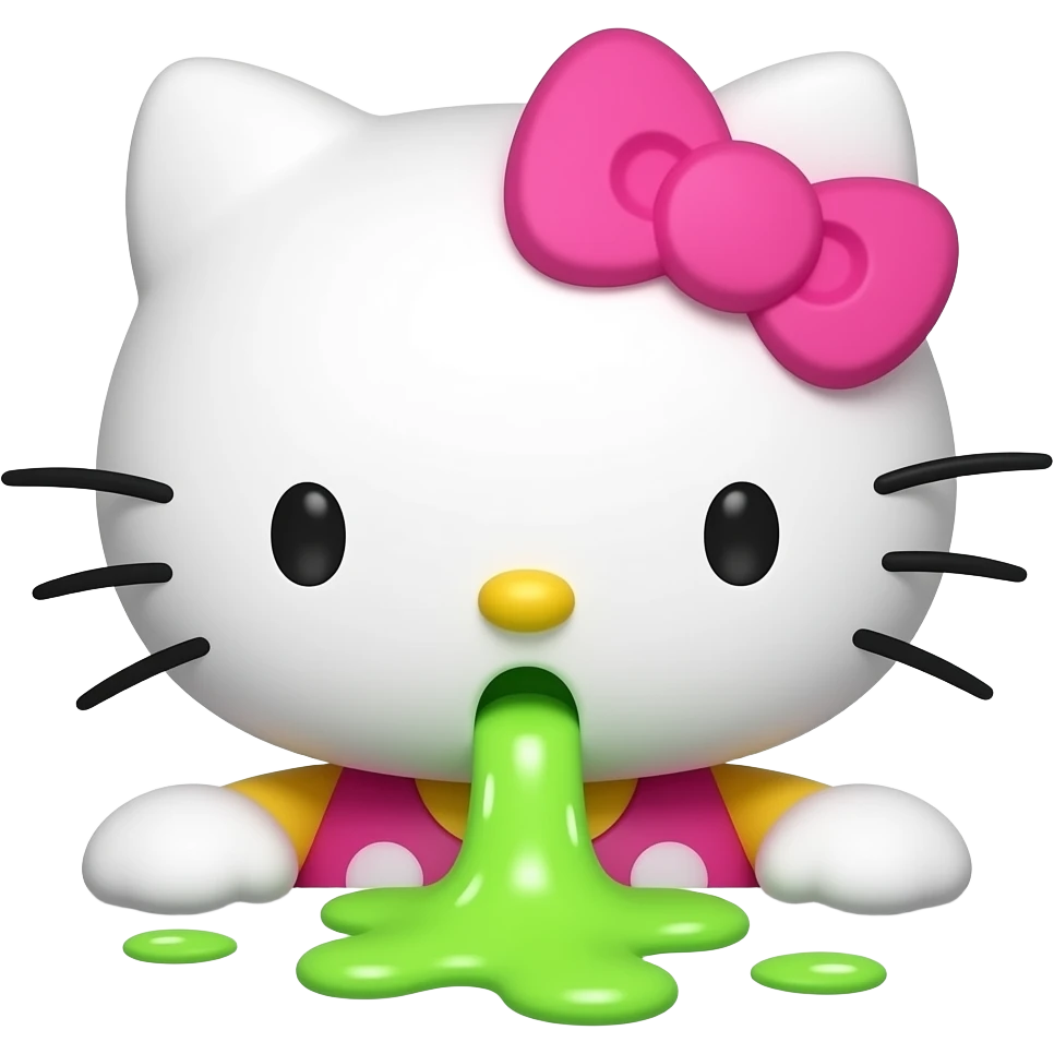 pink hello kitty is wide vomiting neon green emoji