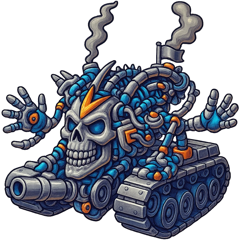 Edit the skull robot tank to have 4 distinct arms, all metal parts shiny silver with some non-metal elements featuring vibrant color accents. Maintain the retro stickers style with a clean outline and transparent background. emoji