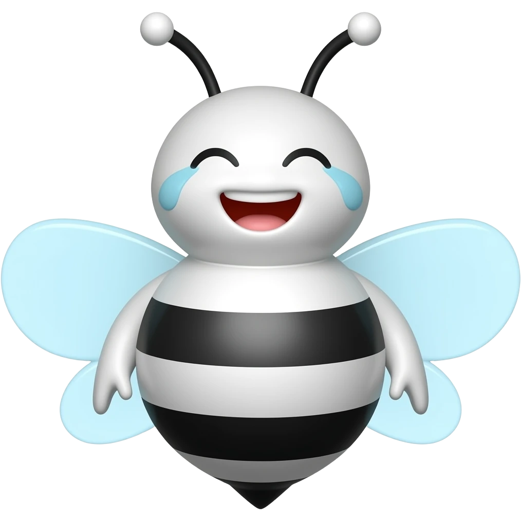 3D cartoon bee emoji, rounded chubby body, black and white stripes, eyes closed laughing, tears of joy, big open smile, light blue transparent wings, black antennae with white round tips, smooth shiny surface, black background emoji