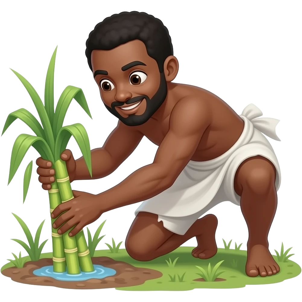 Sad black slave wearing only a white bottom cultivating sugar cane emoji