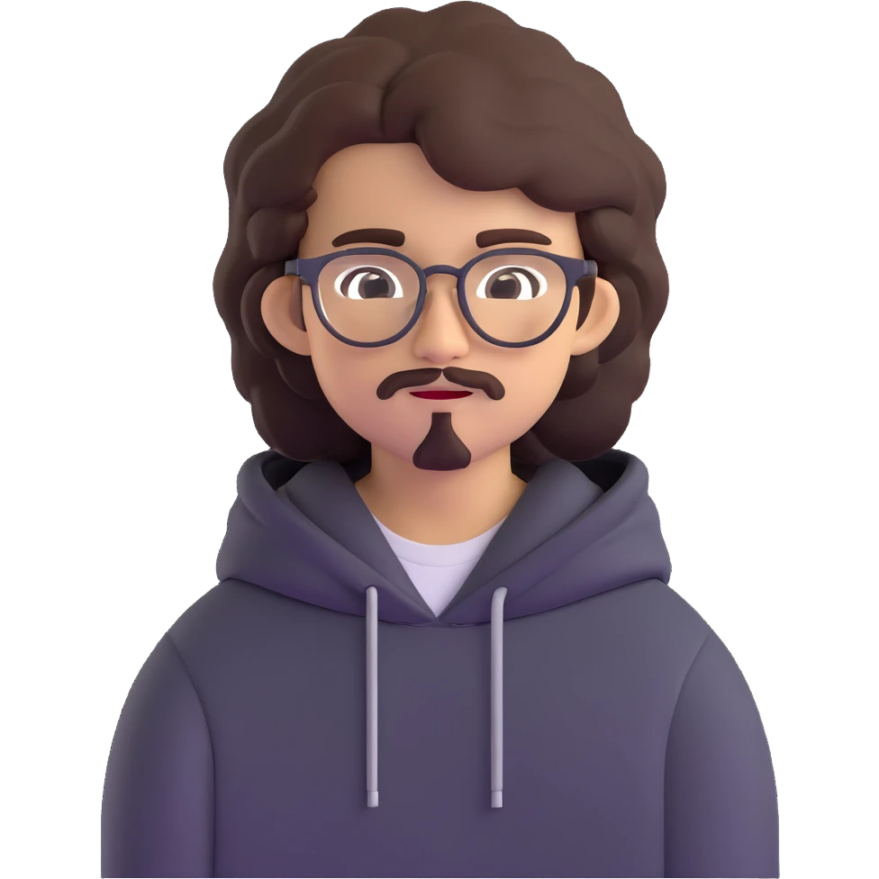 Malay teenager with fluffy hair, long face, light mustache, glasses, and a black hoodie emoji