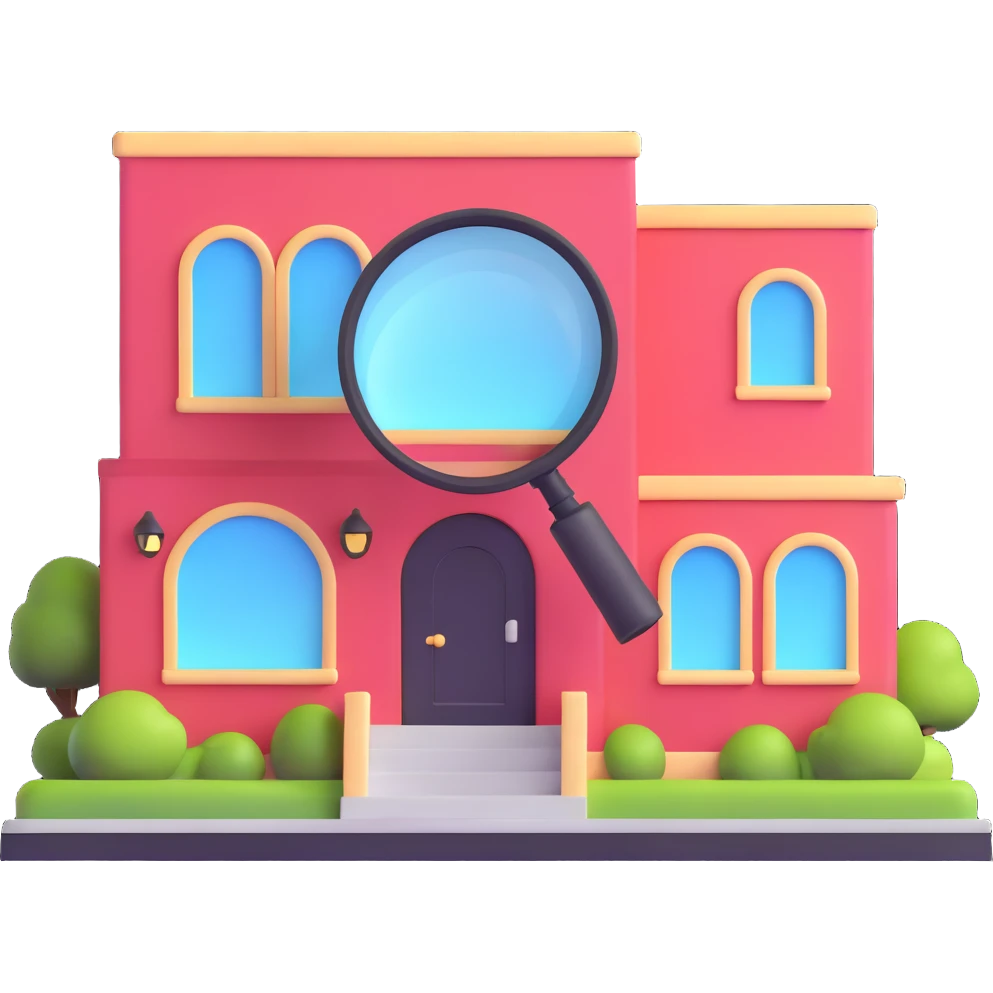 magnifying glass over a beauty salon building emoji