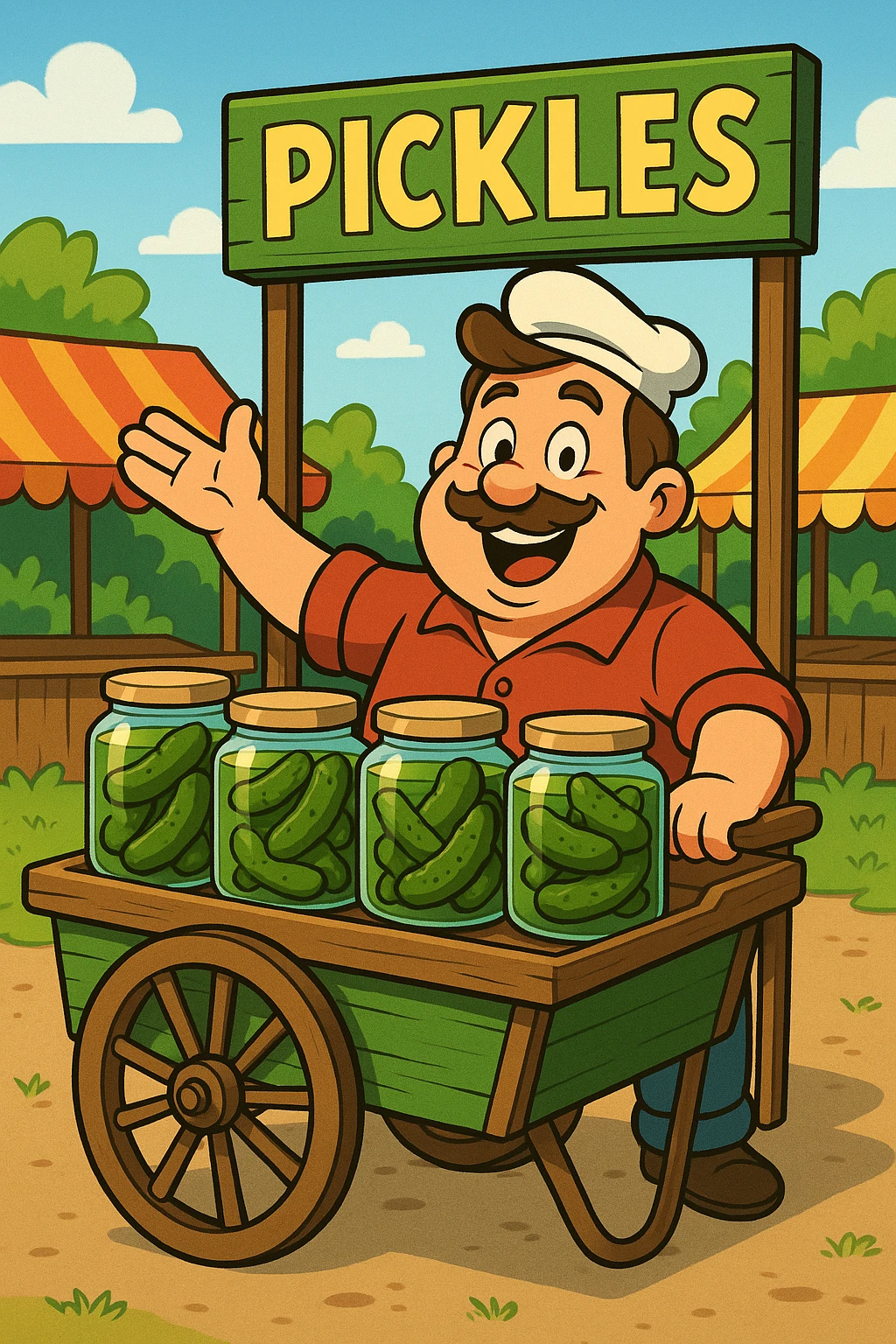 a cheerful man selling pickles from a cart, cartoon style emoji