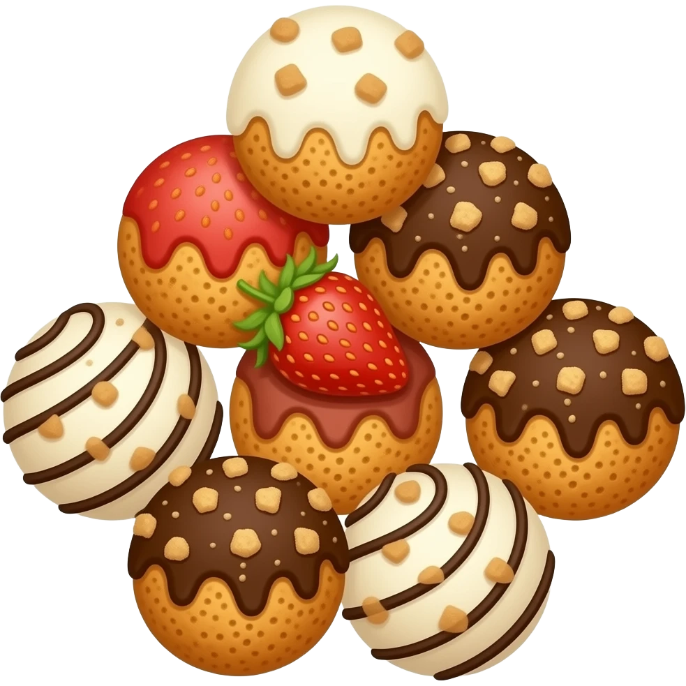 biscuit balls with strawberry/chocolate/tiramisu topping + crumbs topping emoji