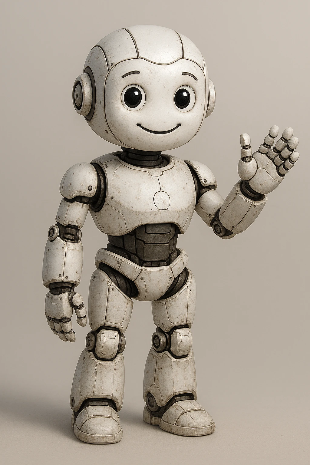 humanoid-shaped robot made of white painted metal, simulating personified artificial intelligence, expressive features, friendly appearance emoji