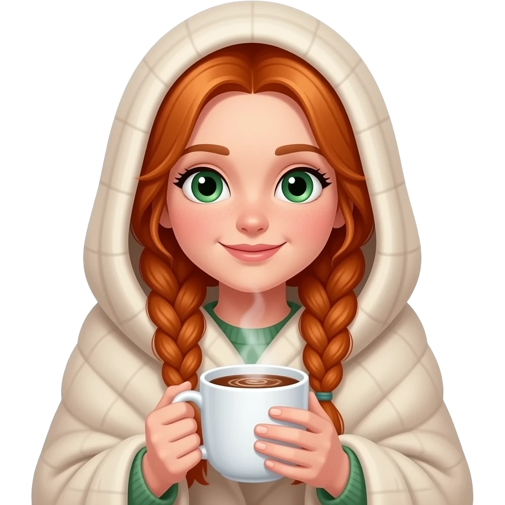 emojis.com a-redhead-girl-with-long-braided-hair, green-eyes, wrapped head to toe in a blanket, with a white cup of steaming hot cocoa. emoji