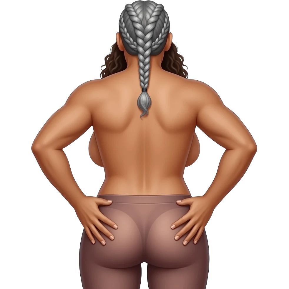 Full body image of naked big boob, light-skinned, bushy curly haired Latina woman bent over with her butt pressed against the pelvic area of a naked light-skinned Black man with silver and gray hair braided back grips her hips on each side emoji