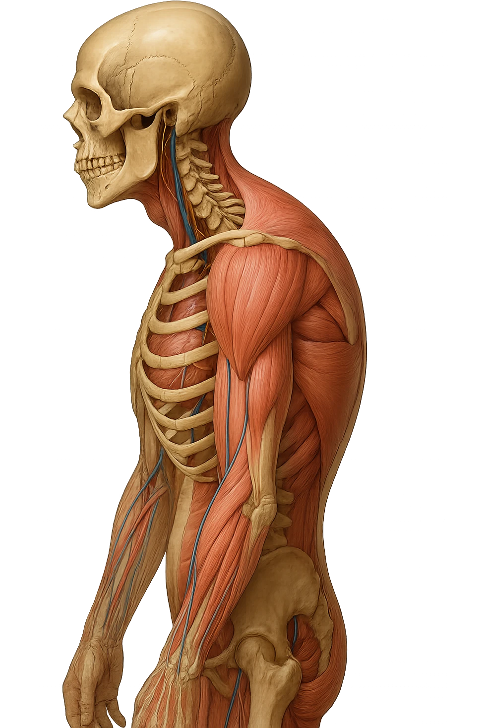 corpo UMANO ANATOMICO di profilo con spalle chiuse in avanti, postura errata, iperrealistico 4k emoji