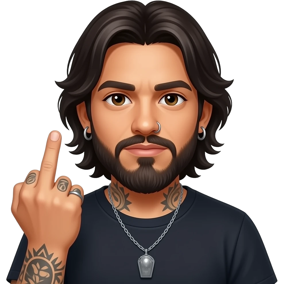 The handsome Latino podcast host with medium length hair, a long beard and tattoos with his ears pierced and a nose ring on the right side flipping somebody off with his middle finger emoji