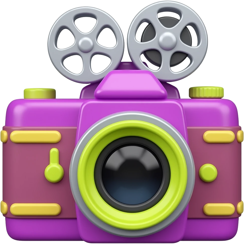 Glossy 3D rendered film camera emoji, straight on front-facing view, detailed with distinct lens barrel and film reels, slightly rounded edges, highly saturated deep magenta hot-pink-purple body, vivid neon lemon yellow lens and accents, no muted or pastel tones, soft shading, white background emoji
