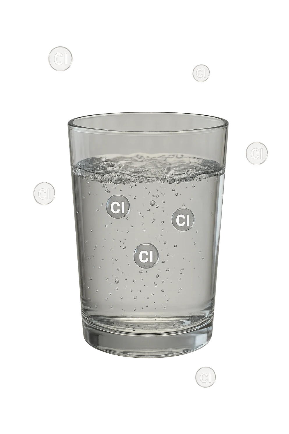 un bicchiere di acqua fluttua in aria realistico e dettagliato, dentro l'acqua del bicchiere ci sono particelle di cloro ben visibili con la scritta "Cl" sopra, ci sono particelle anche che escono dal bicchiere e fluttuan
o in aria verticalmente, mentre alcune sono all'interno dell'acqua nel bicchiere, iperrealistico 4k emoji