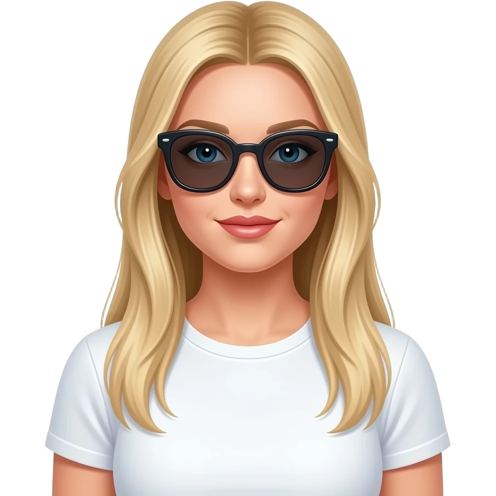 ragazza russa bionda occhi azzurri capelli lisci lunghi, seno prosperoso  occhiali da sole fashion stile  maglietta bianca emoji