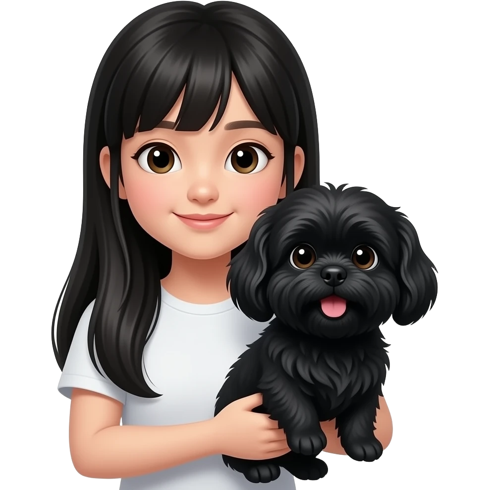 Long black hair chinese teen holding a black shih tzu emoji