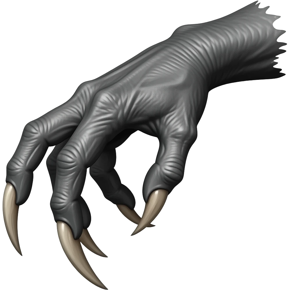 Demonic dark silver hand with long sharp dark ivory color claws. Shift the perspective to a side profile to show the curvature and length of the claws more clearly. emoji