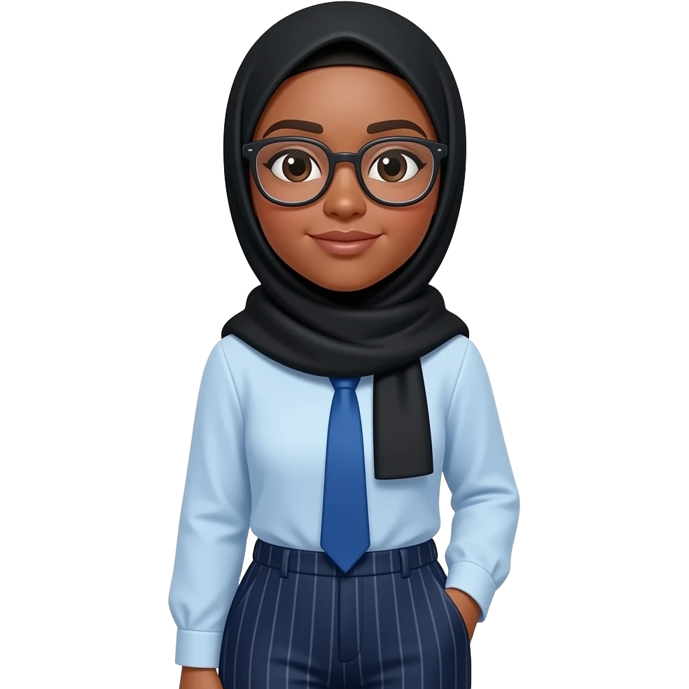 make someone who u think is aala, make her wear a black hijab, blue tie, wearing light blue shirt, dark blue pants with stripes, dark-ish skin , not too dark but not too light. and glasses emoji