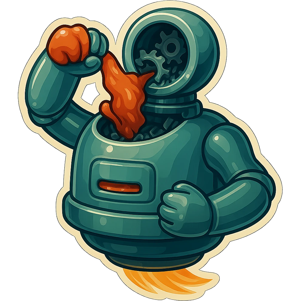 hovering robot. stuffs material into large hole on its top where a head would be. no head. spinning gears and blades in hole grind material.  3/4 view. between realism and cartoon. well lit. no dramatic lighting. metallic shiny robot. works diligently. drake humor emoji