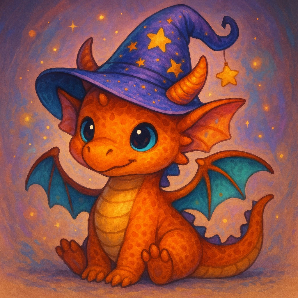 cute magical dragon wearing a wizard hat, fantasy theme, charming and adorable emoji