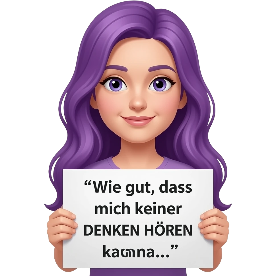 girl with long purple hair holding a Wie gut, dass mich keiner DENKEN HÖREN kann... sign emoji