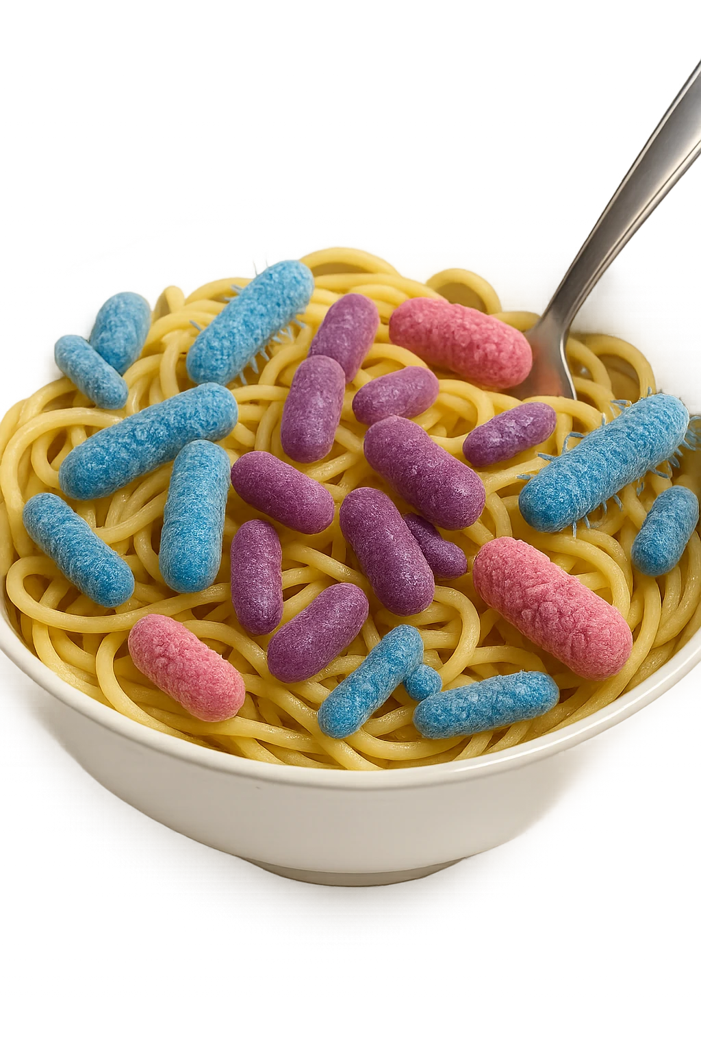 BOWL DI PASTA CON BATTERI INTESTINALI DENTRO, iperrealistico 4k, SFONDO BIANCO emoji