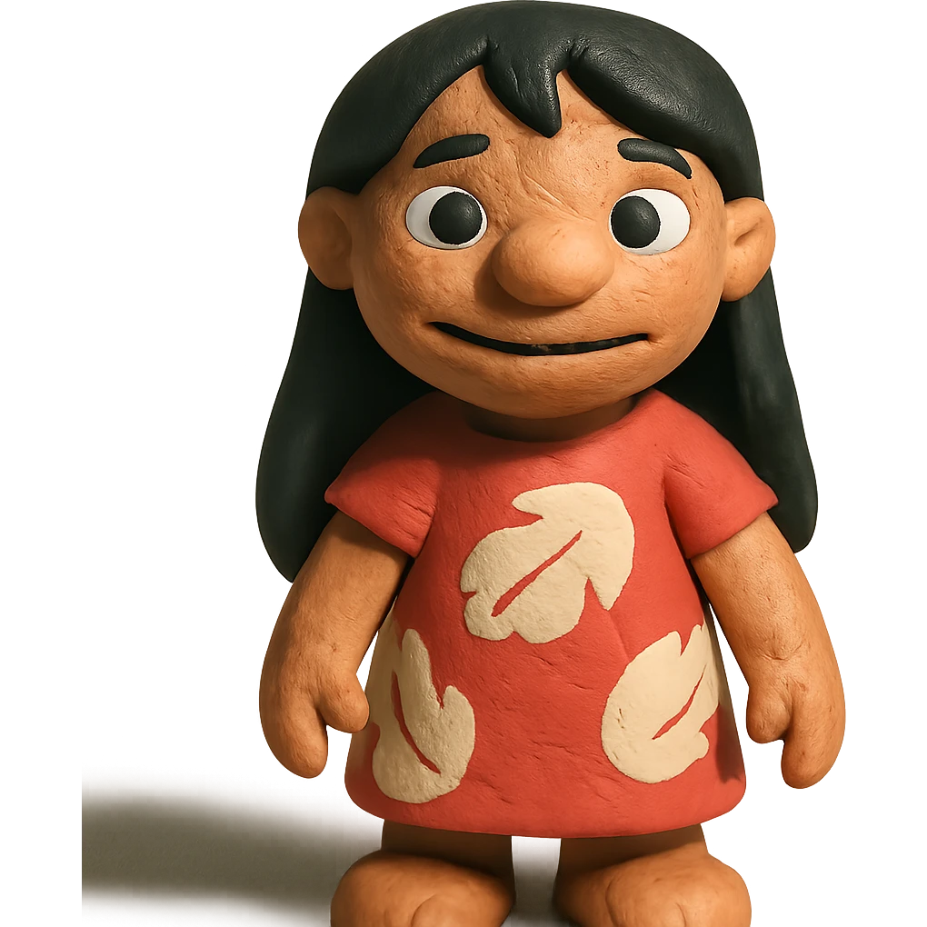 Lilo-inspired girl, claymation style, red dress, black hair, textured look emoji