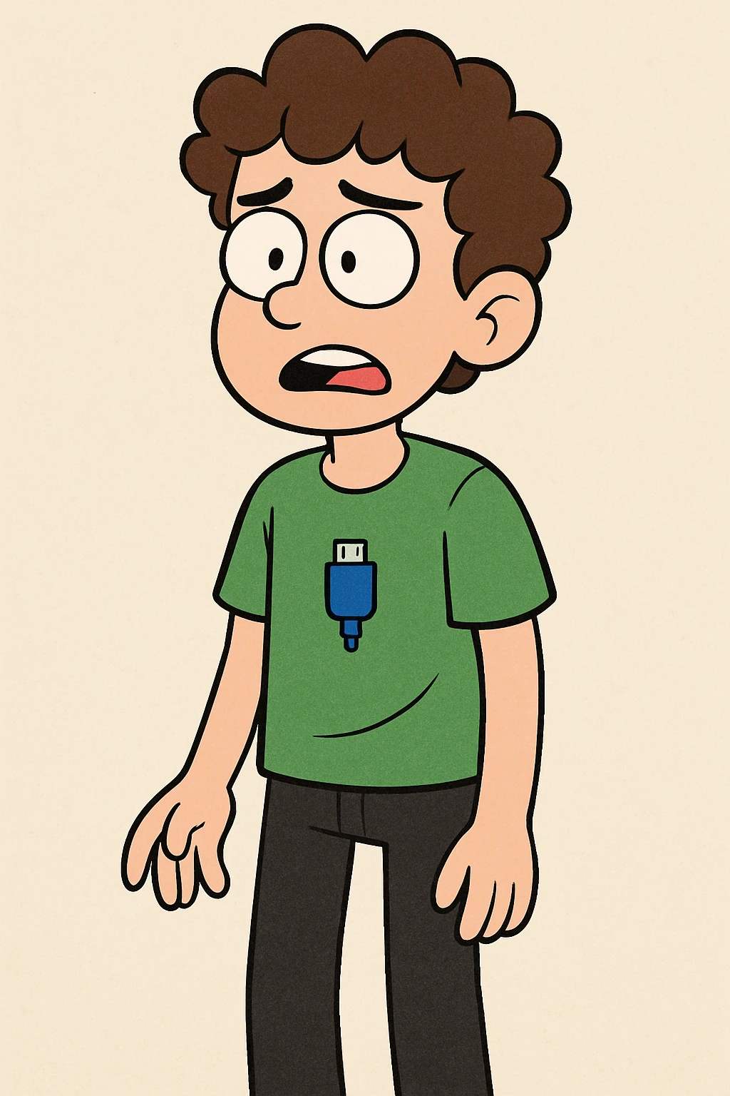 A boy brown curly hair green t-shirt Bright Blue Connector 2.0 (STSU207) black jeans emoji