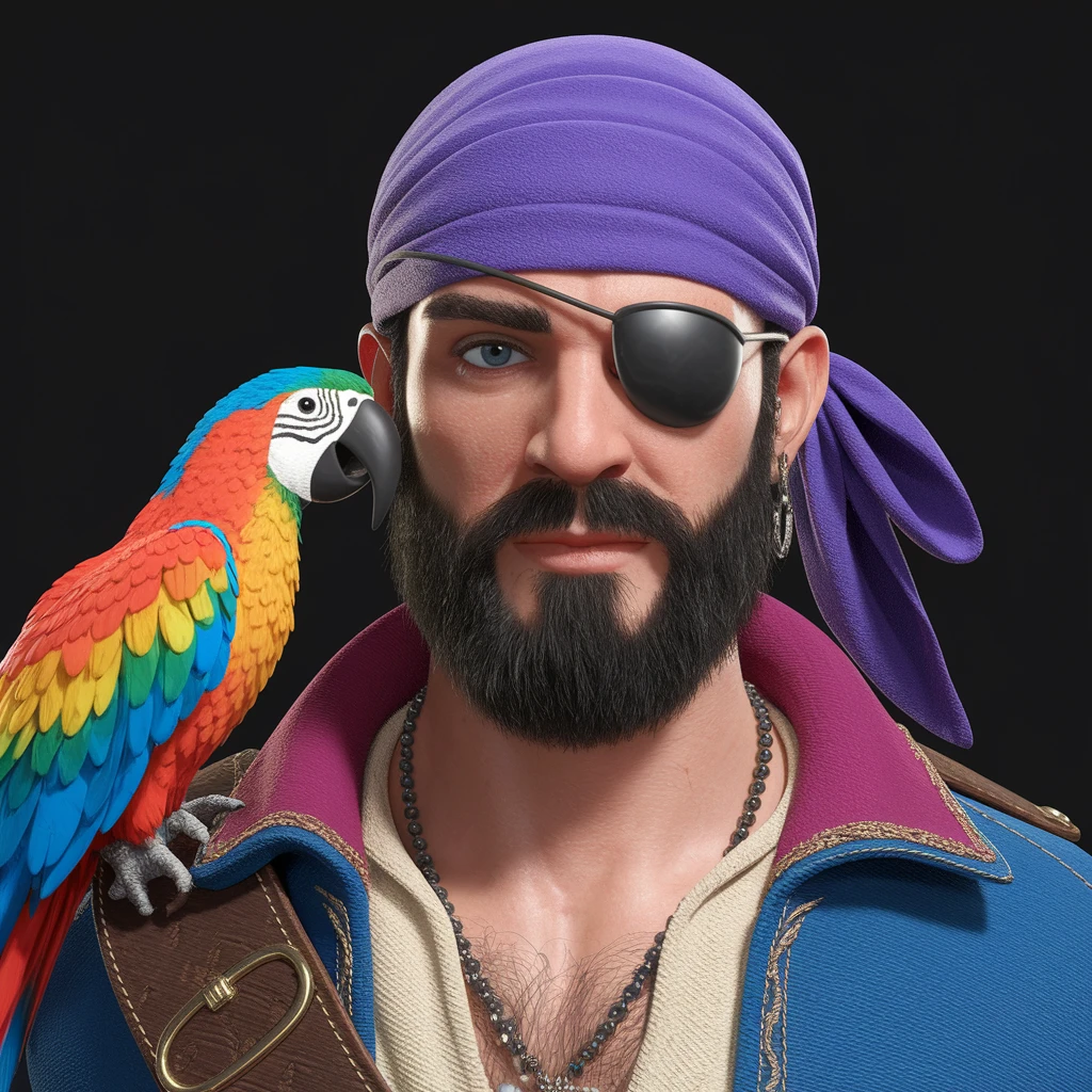 digital 2d art of pirate with eye patch and parrot emoji
