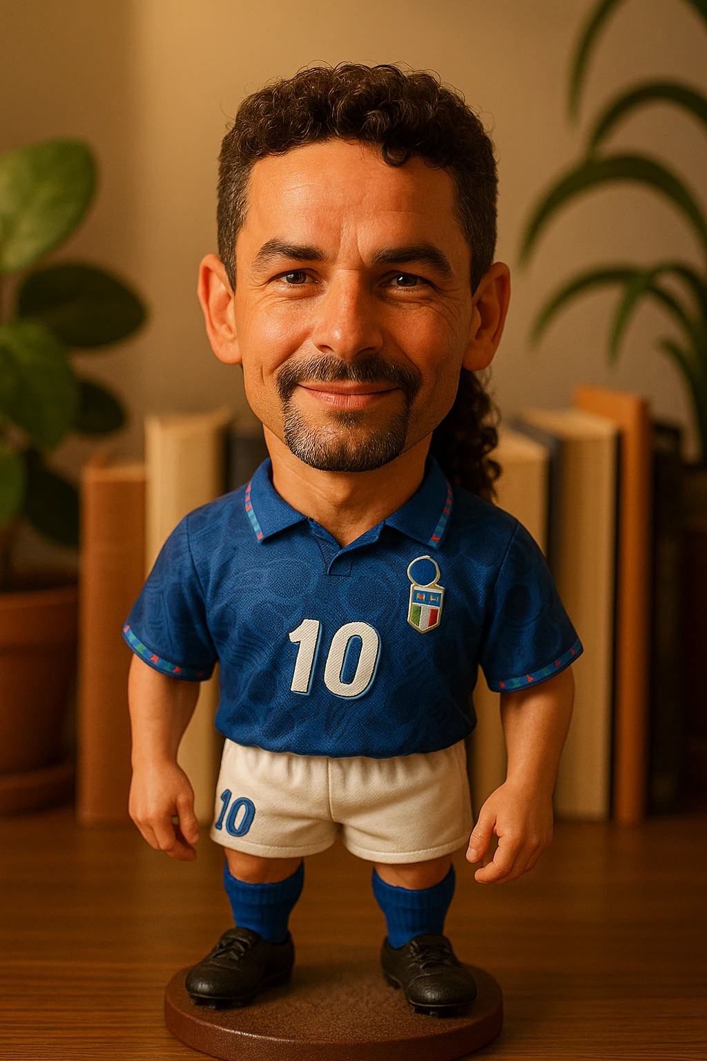 Роберто Банджо в форме сборной Италии 1994 смотрит на прямо на зрителя и слегка улыбается, освещение с левой верхней стороны кадра emoji