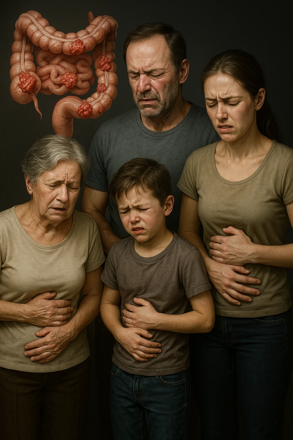 UNA SFILZA DI PARENTI TUTTE MALATE DI CANCRO AL COLON, SI TRAMANDO IL CANCRO NELLE GENERAZIONI, INTESTINO ANATOMICO VISIBILE ED ESPRESSIONE DI DOLORE IN VOLTO, MAL DI PANCIA, FALLA IPERREALISTICA 4K, NON DISEGNATA emoji