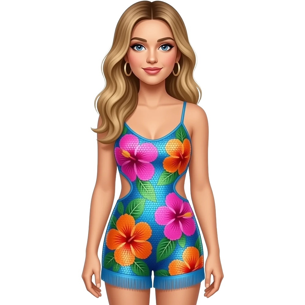 Zara Larson wearing a custom, tropical-inspired floral sequin romper. It features vibrant pink, orange, and blue hibiscus patterns with a signature "cut-out" side detail and a fringed hem emoji
